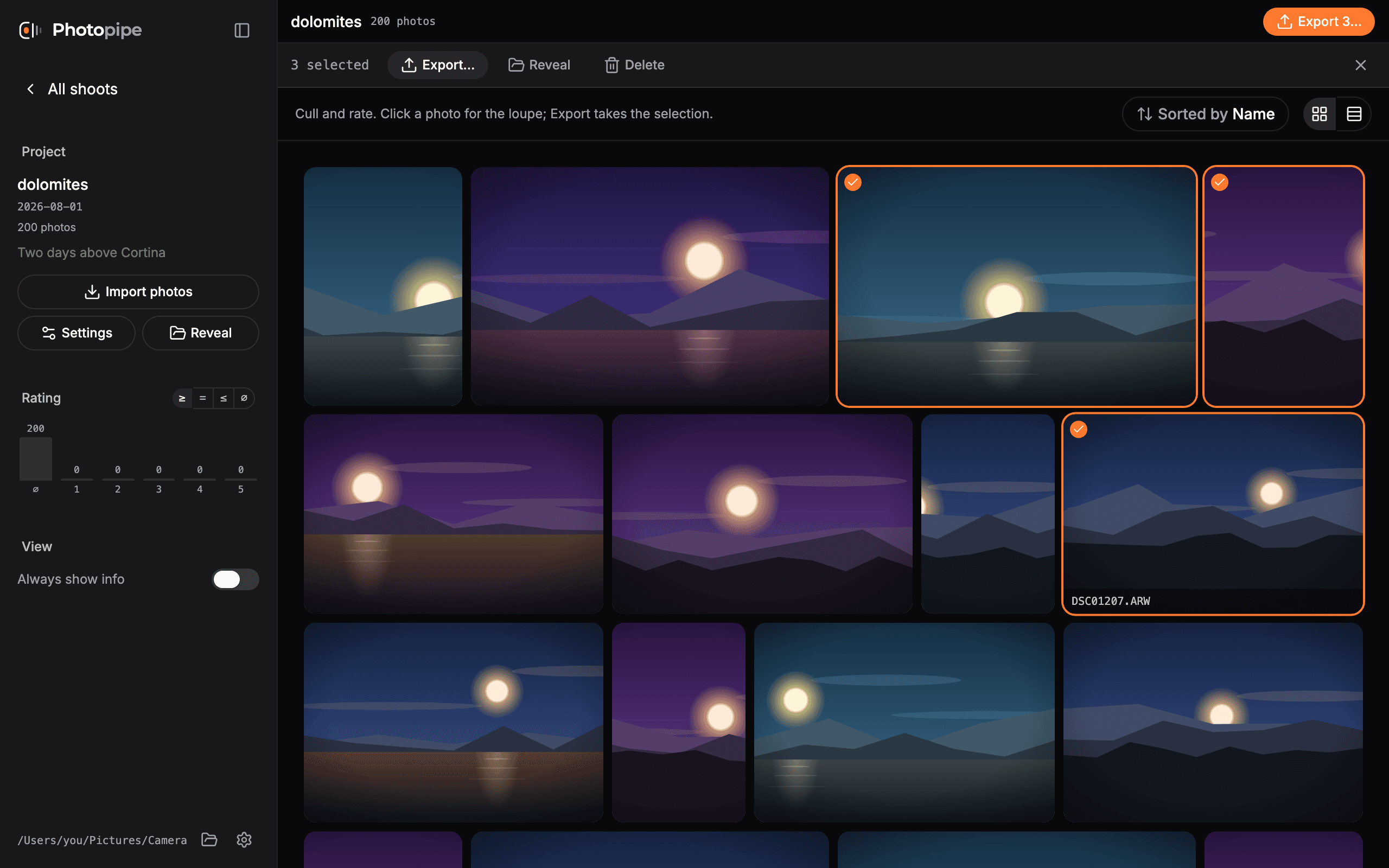Photopipe's grid view with rated photos and the export drawer