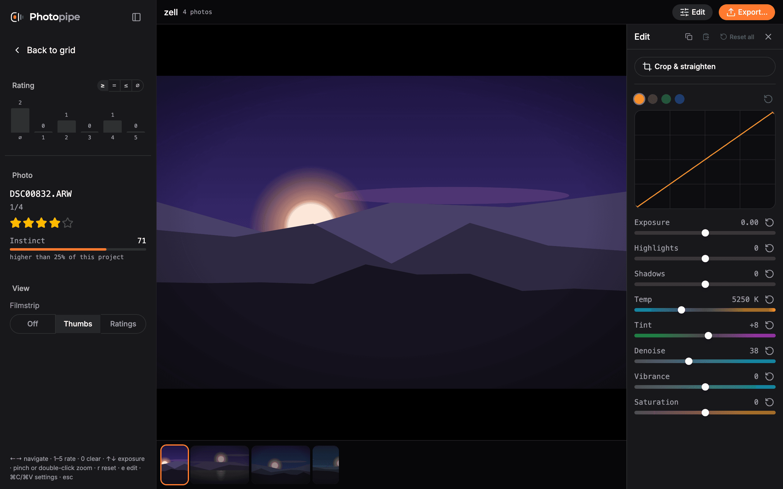 The loupe with edit sliders, a tone curve and the Instinct rating